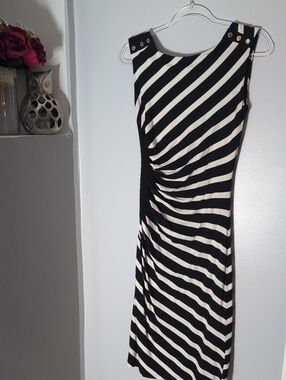 White House Black Market Black and White Diagonal Stripe Midi Dress